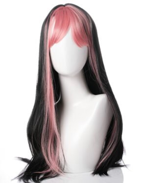 peluca negra fleco rosa