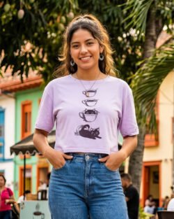 camiseta estampada gato y cafe mujer